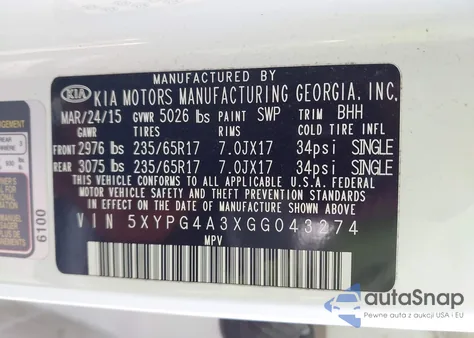 2016 Kia Sorento 2.4L Lx z USA, uszkodzony, nr VIN 5XYPG4A3XGG043274